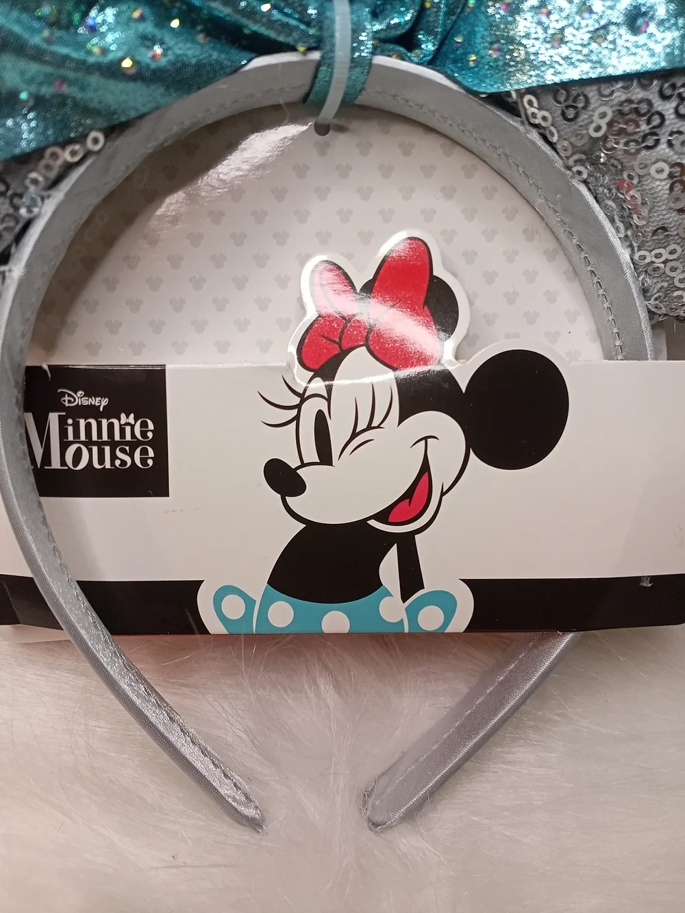 Disney Silver Sequin Minnie Ear Headband with Aqua Bow